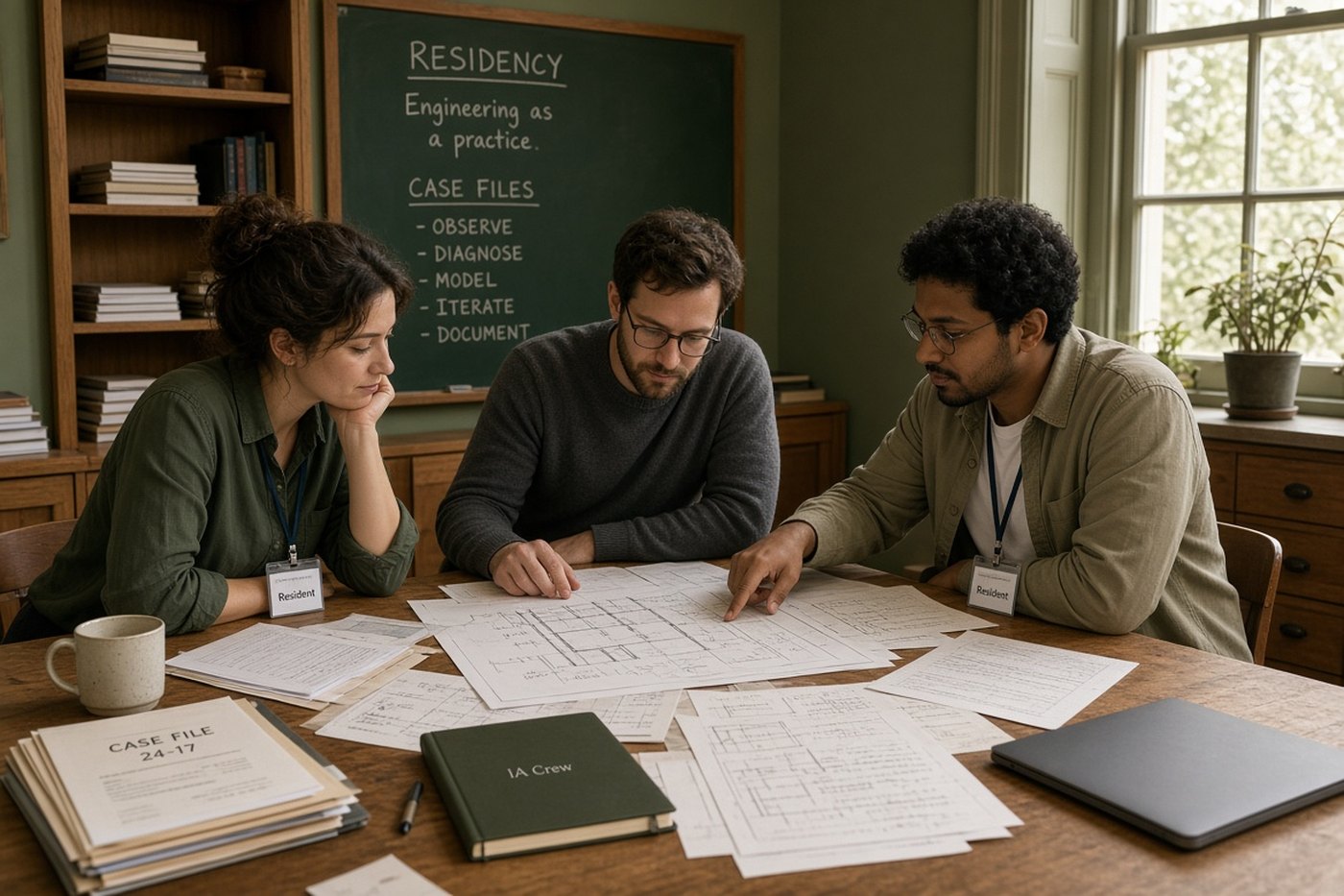 Tres ingenieros revisan expedientes en una sala de residencia, con acreditaciones de residente y un cuaderno con el distintivo de IA Crew.