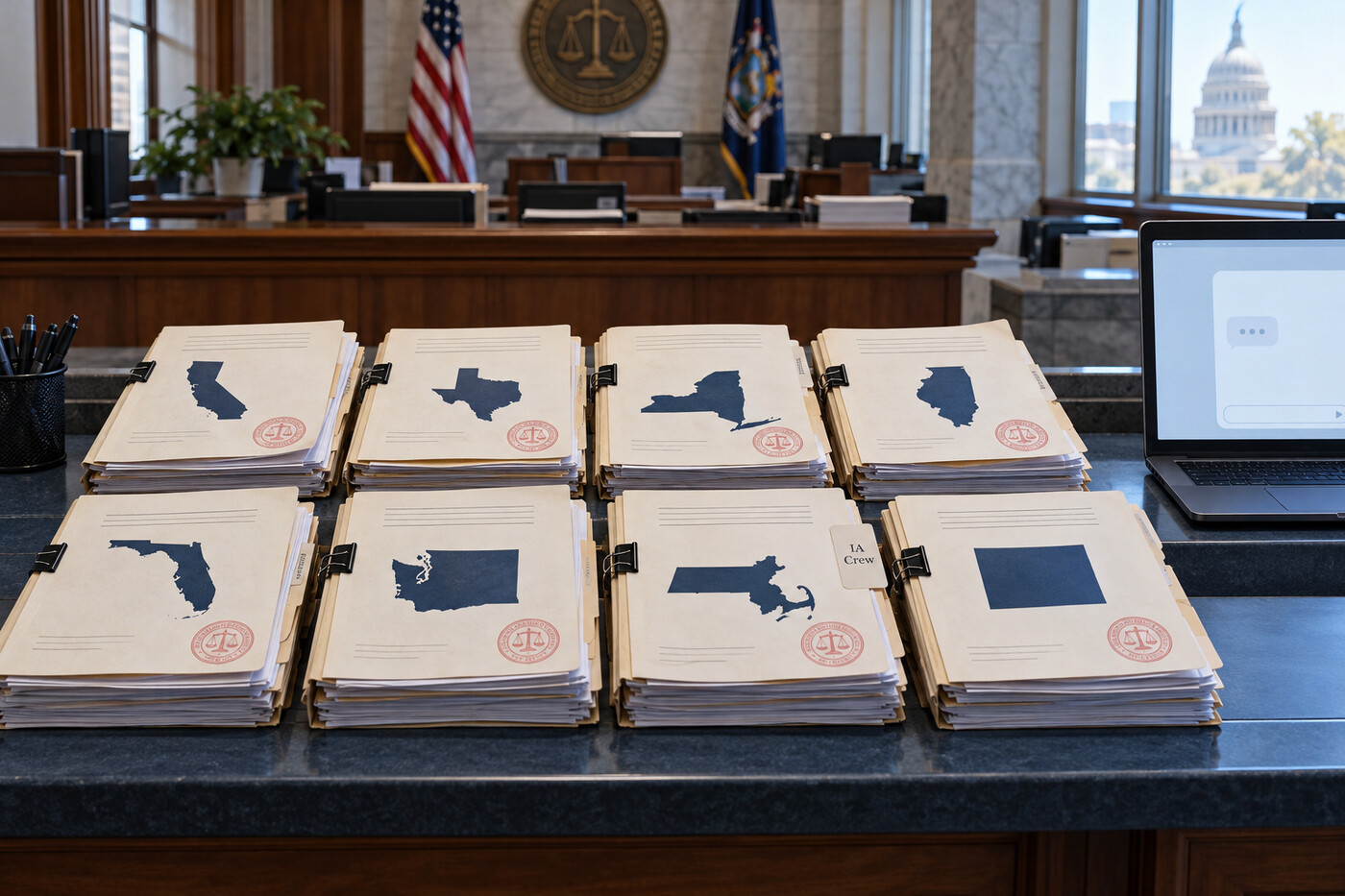 Ocho expedientes estatales con sellos judiciales y mapas de estados sobre el mostrador de un tribunal; un portátil muestra una ventana de chat genérica. Marca IA Crew discreta en una carpeta.