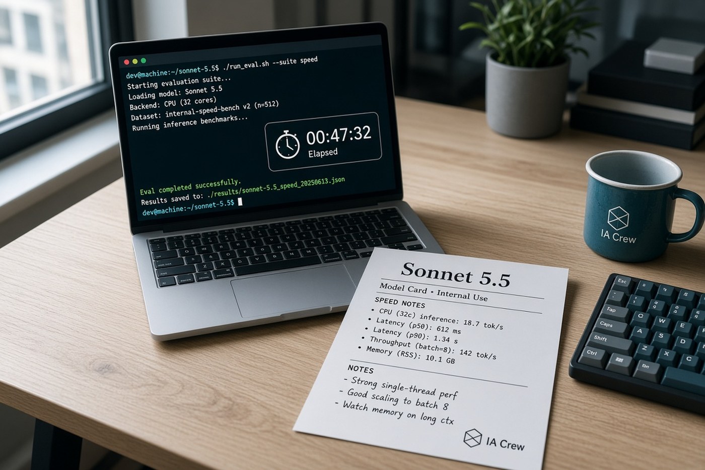 Portátil con terminal de evaluación de Sonnet 5.5, cronómetro en pantalla, ficha impresa y taza IA Crew sobre mesa de madera clara.