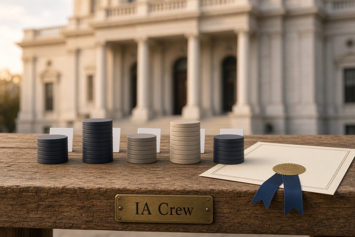 Pilas de fichas de crédito de cómputo y un diploma sobre una mesa con placa de IA Crew ante un pórtico