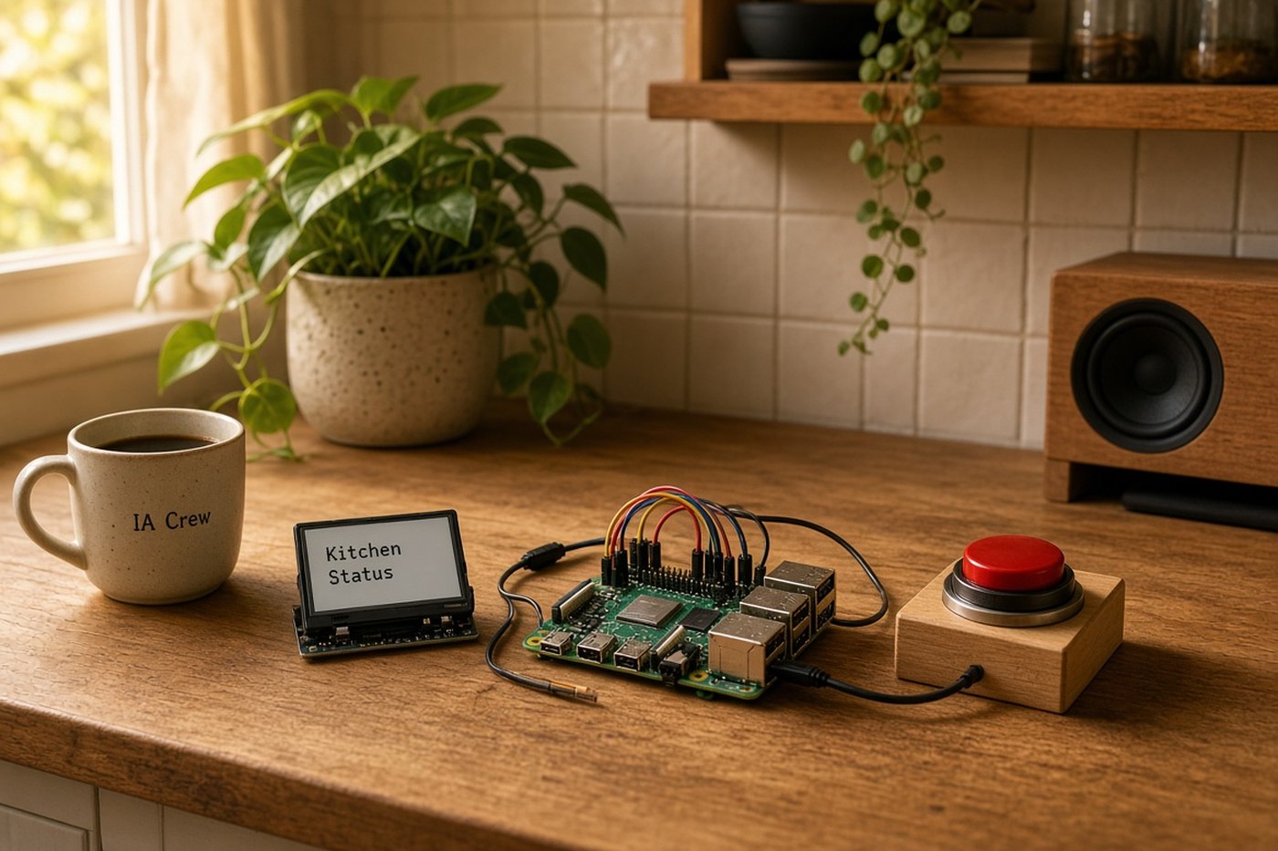 Encimera de cocina con una Raspberry Pi cableada a un botón rojo y una pantalla pequeña, junto a una taza con el distintivo IA Crew.