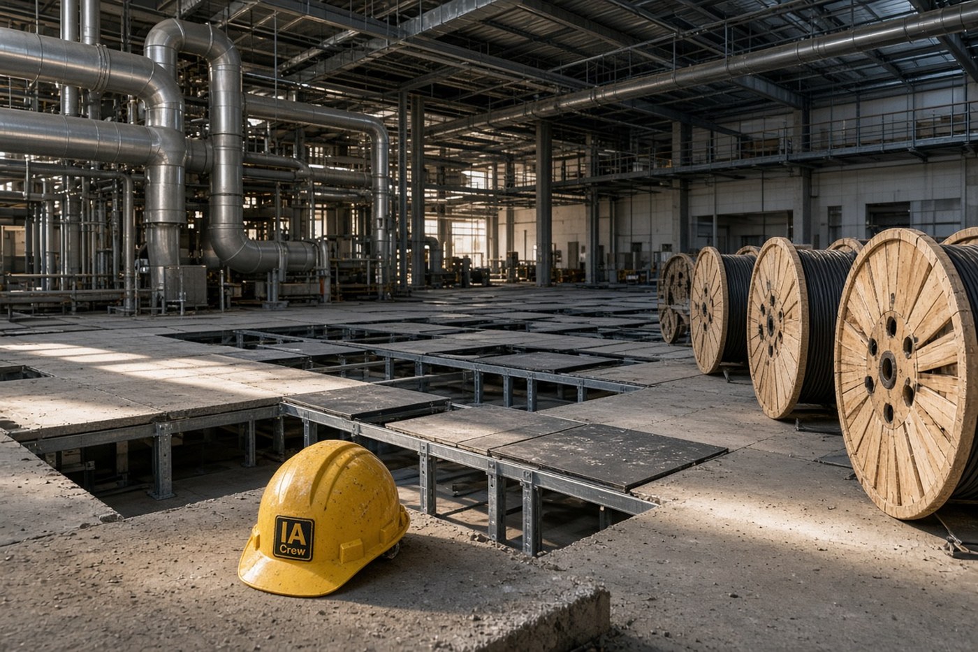 Nave de data center en obras con suelo técnico abierto, bobinas de fibra y un casco amarillo con parche IA Crew.