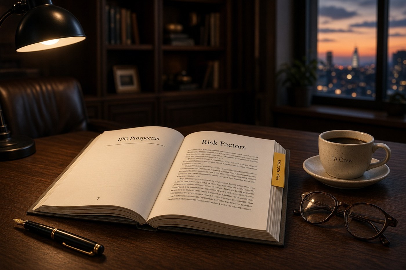 Folleto de OPV abierto en un escritorio de nogal, pestaña Risk Factors, taza con marca IA Crew y lámpara ámbar al atardecer.