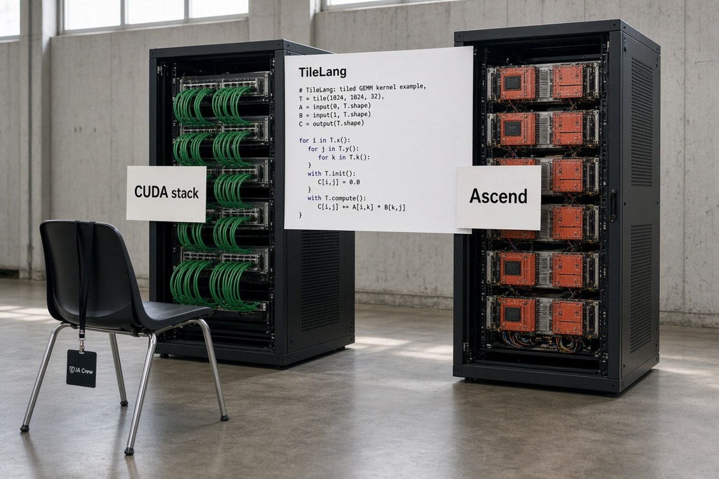 Dos racks de servidores, uno con cables verdes etiquetado CUDA stack y otro naranja etiquetado Ascend, unidos por una hoja de código TileLang y un lanyard IA Crew.