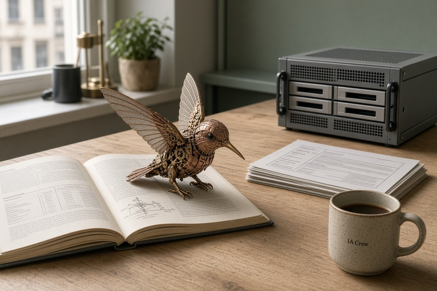 Colibrí mecánico de cobre sobre un informe abierto, junto a un servidor compacto y una taza con el distintivo IA Crew, en un taller con luz de mañana.
