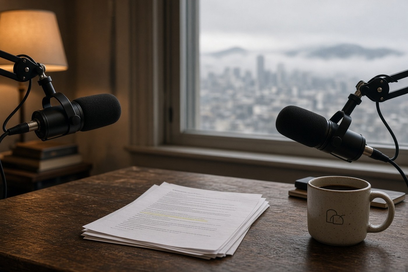 Mesa de entrevista con dos micrófonos, un guion subrayado y una taza con el distintivo de IA Crew, frente a una ventana con niebla sobre la ciudad.