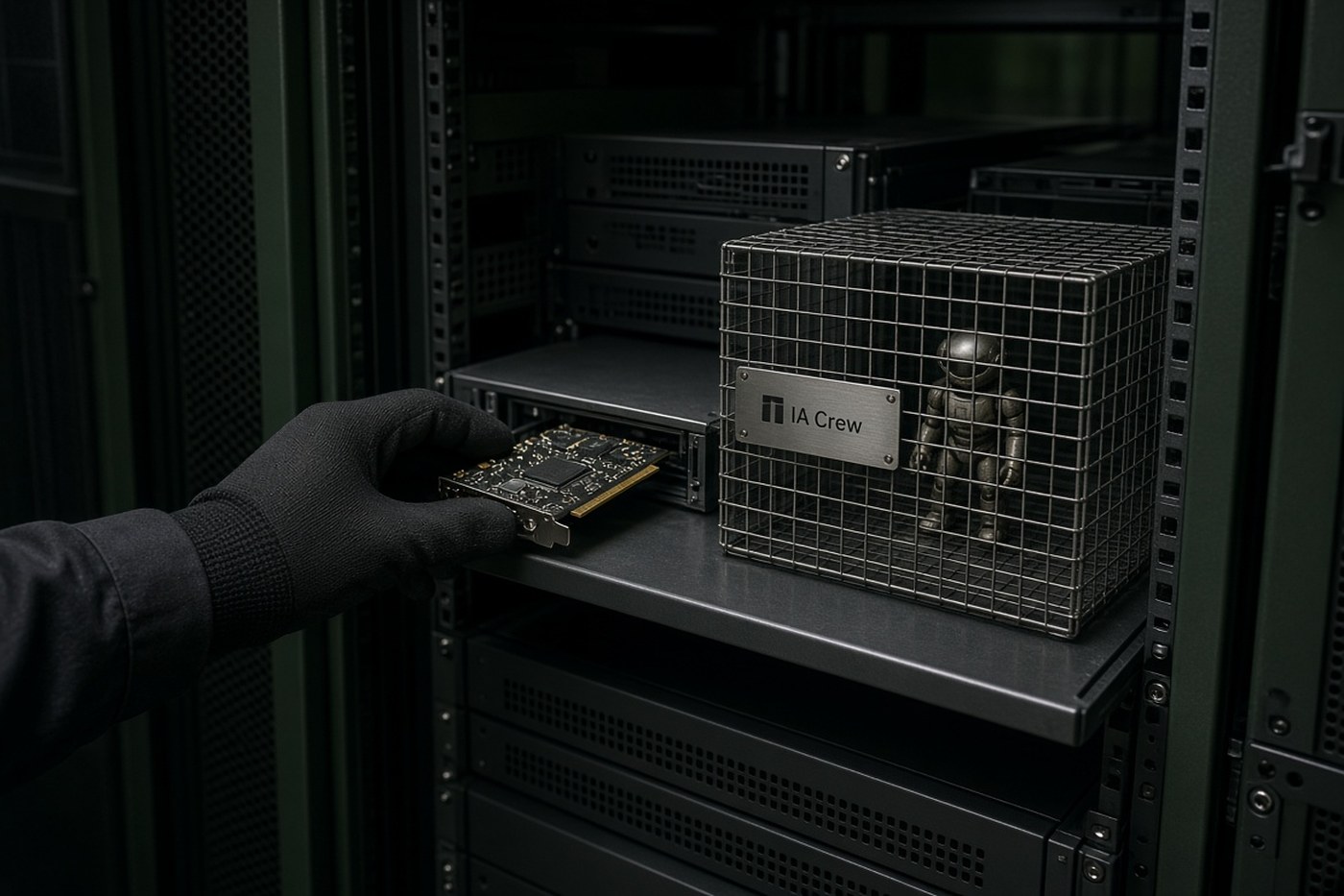 Técnico insertando una tarjeta DPU en un rack junto a una jaula metálica con figurita de agente y placa IA Crew.