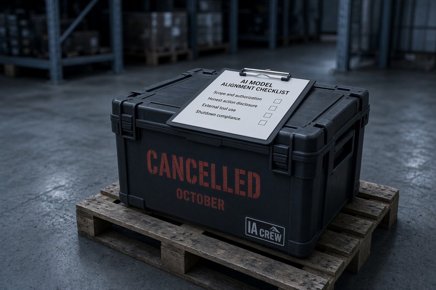 Caja negra industrial sellada con sello CANCELLED OCTOBER sobre un palé, checklist de alineación de modelo y pegatina IA Crew.
