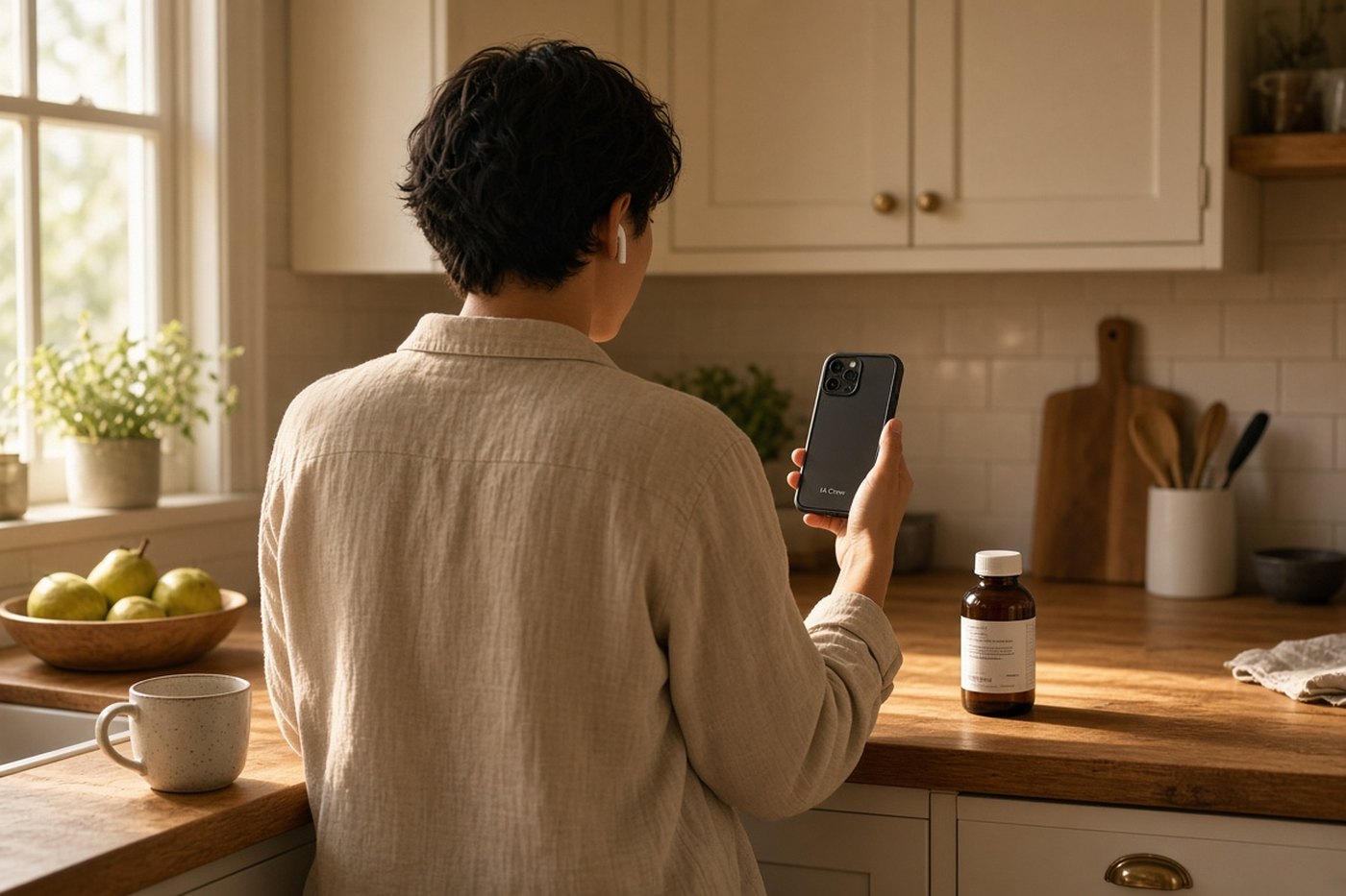 Persona de espaldas en una cocina, con un auricular, apuntando el móvil a un bote de letra pequeña; la funda lleva el distintivo de IA Crew.