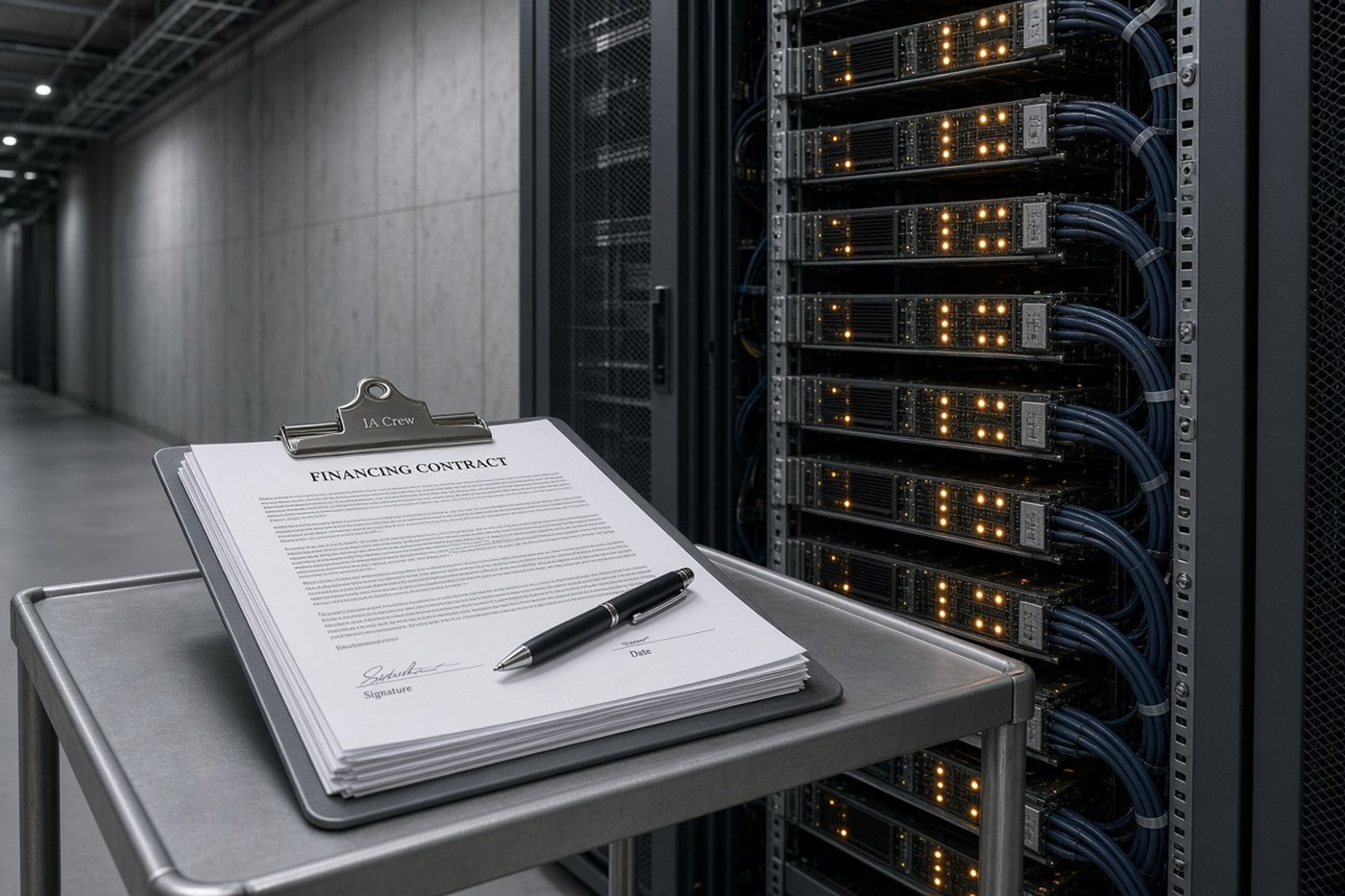 Pasillo de un centro de datos con racks de aceleradores y un contrato de financiación sobre un carro, con el distintivo de IA Crew en la pinza del portapapeles.