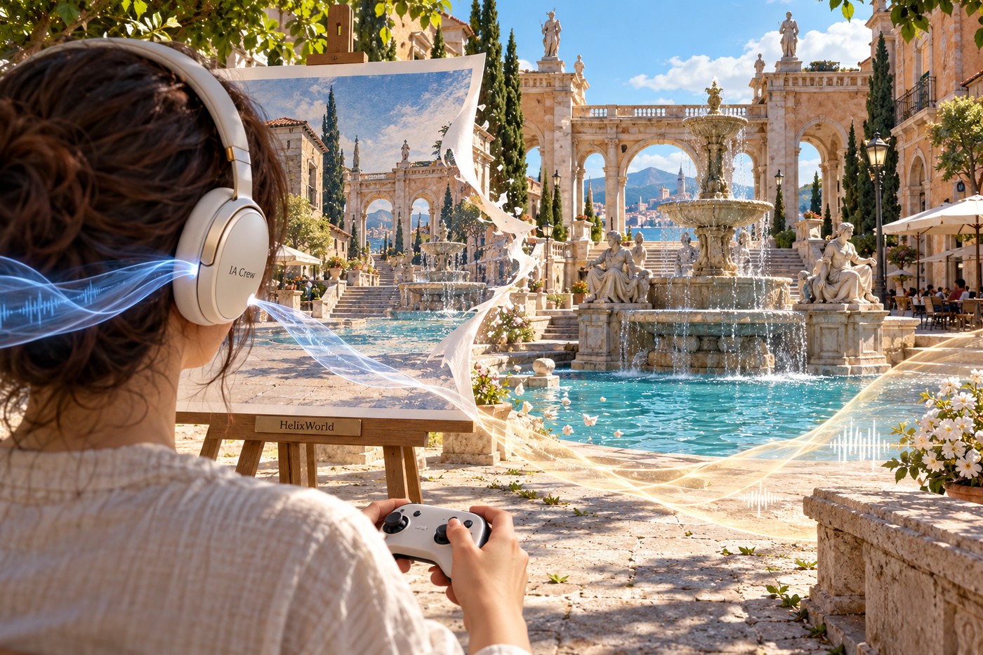 Una persona con auriculares IA Crew y mando observa una imagen HelixWorld que se abre hacia una plaza con fuente; cintas sonoras rodean el punto de escucha.