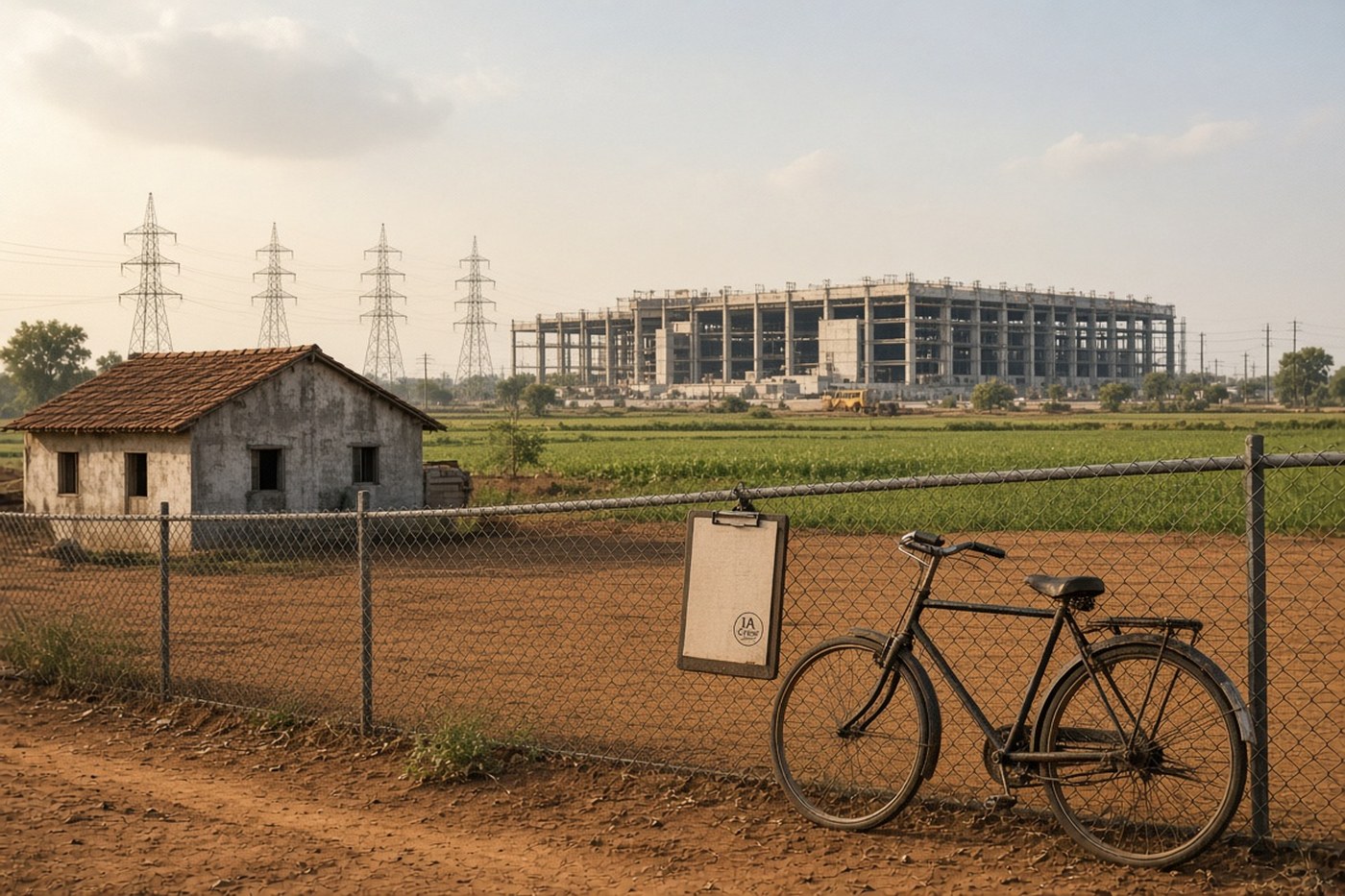 Pueblo agrícola de Andhra Pradesh con una valla nueva, una bicicleta y al fondo un centro de datos a medio construir y torres de alta tensión.