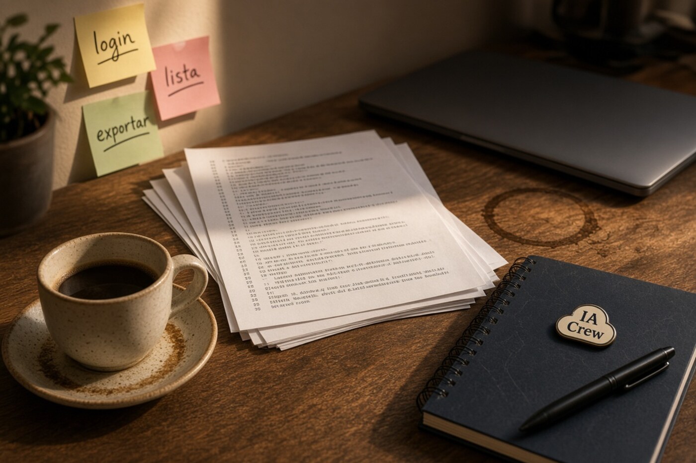 Notas de deseos, código sin anotar, café y un pin IA Crew: intención primero, lectura después.