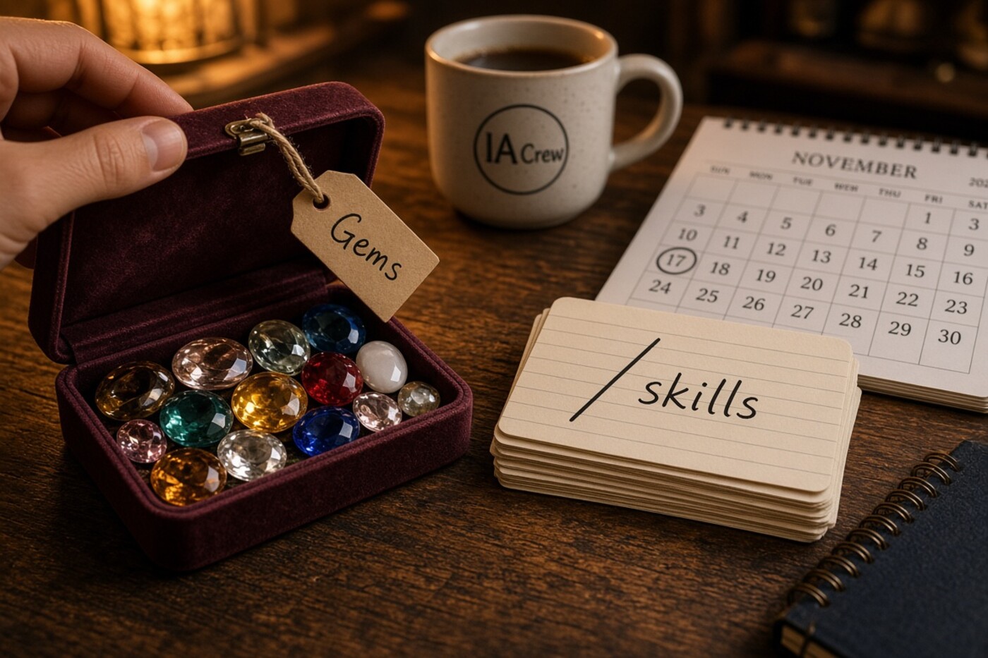Caja de terciopelo con gemas etiquetada Gems junto a tarjetas manuscritas /skills y un calendario de noviembre con el día 17 marcado; taza con distintivo IA Crew.