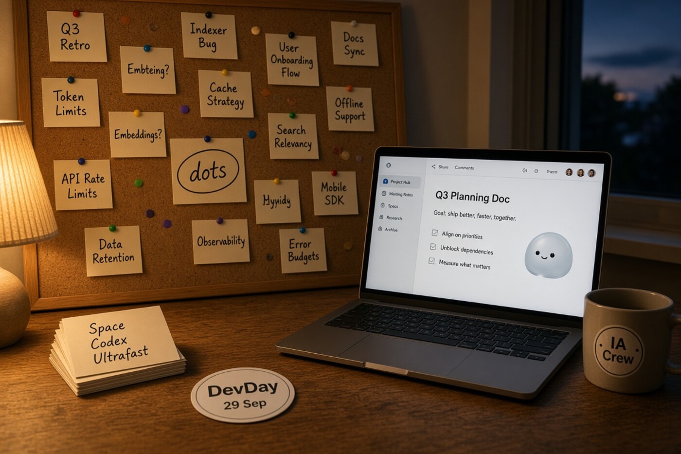 Mesa de trabajo al anochecer con un tablero de notas, una etiquetada dots, portátil con un documento colaborativo y una mascota blob, tarjeta DevDay 29 Sep y taza IA Crew.