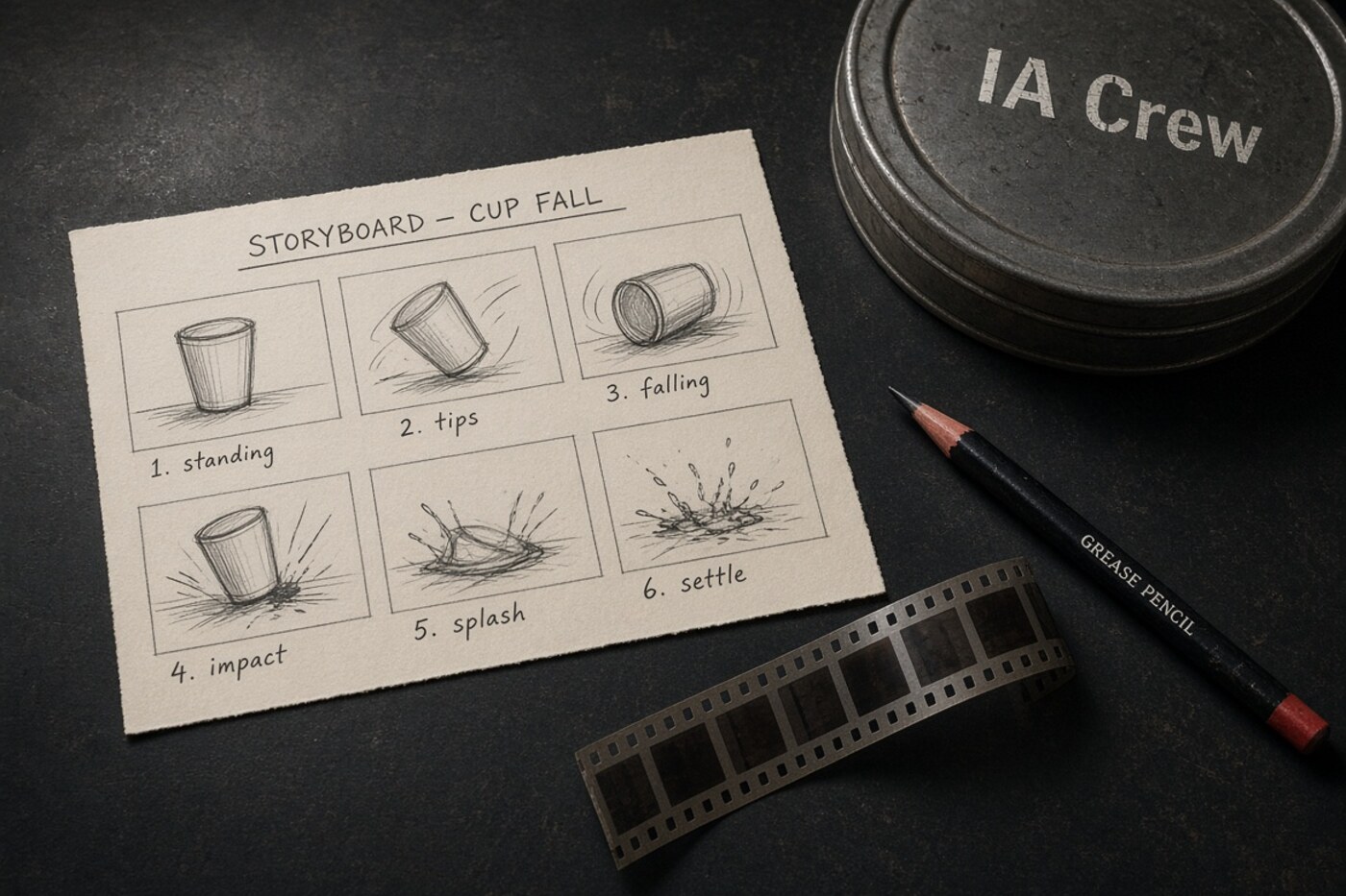 Storyboard de una taza cayendo junto a una tira de película y una lata de cine marcada IA Crew.