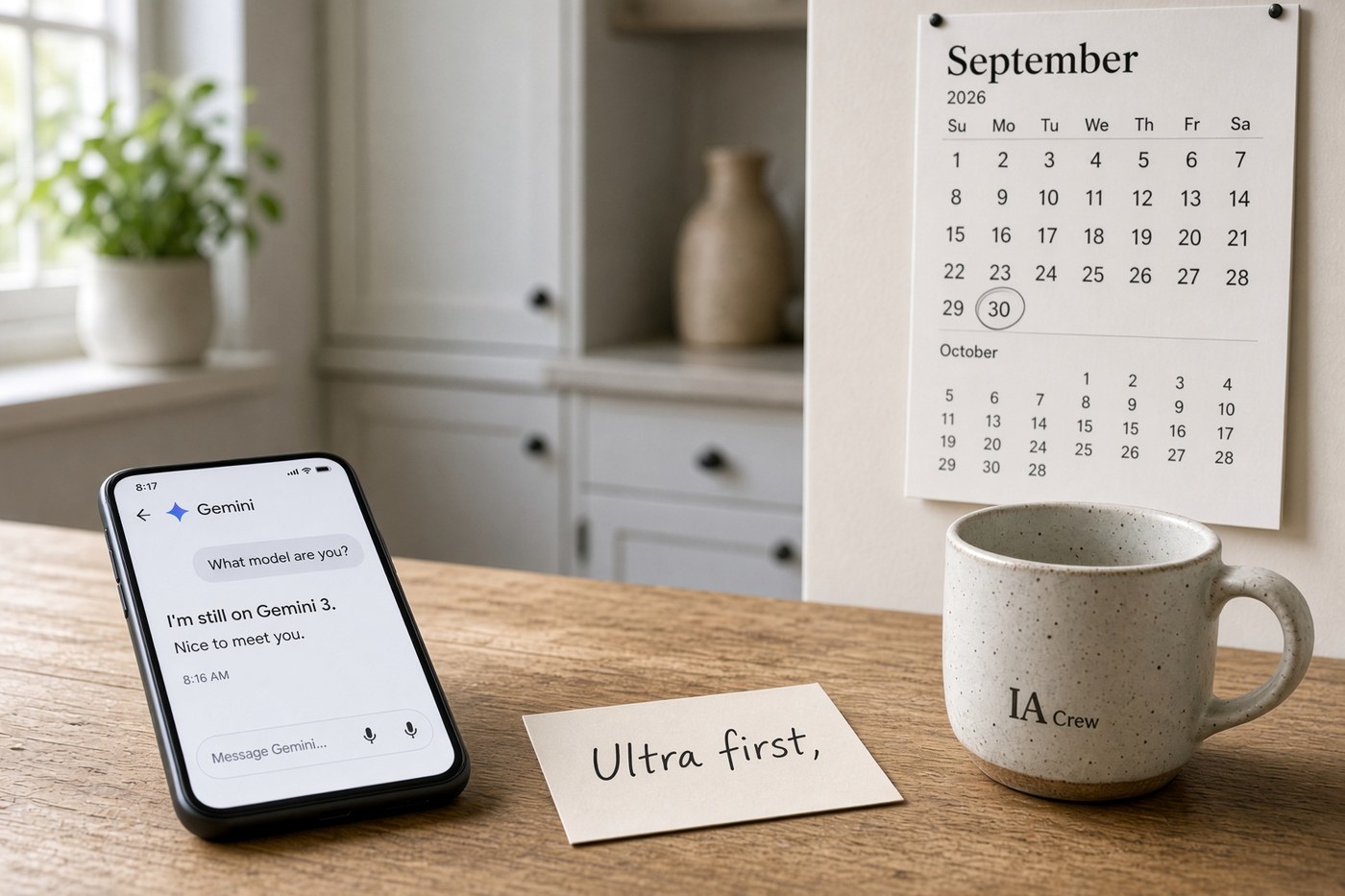 Cocina de mañana con un móvil de Gemini aún en la generación anterior, un calendario de septiembre de 2026 con el día 30 rodeado, una nota que dice Ultra first y una taza con el distintivo de IA Crew.